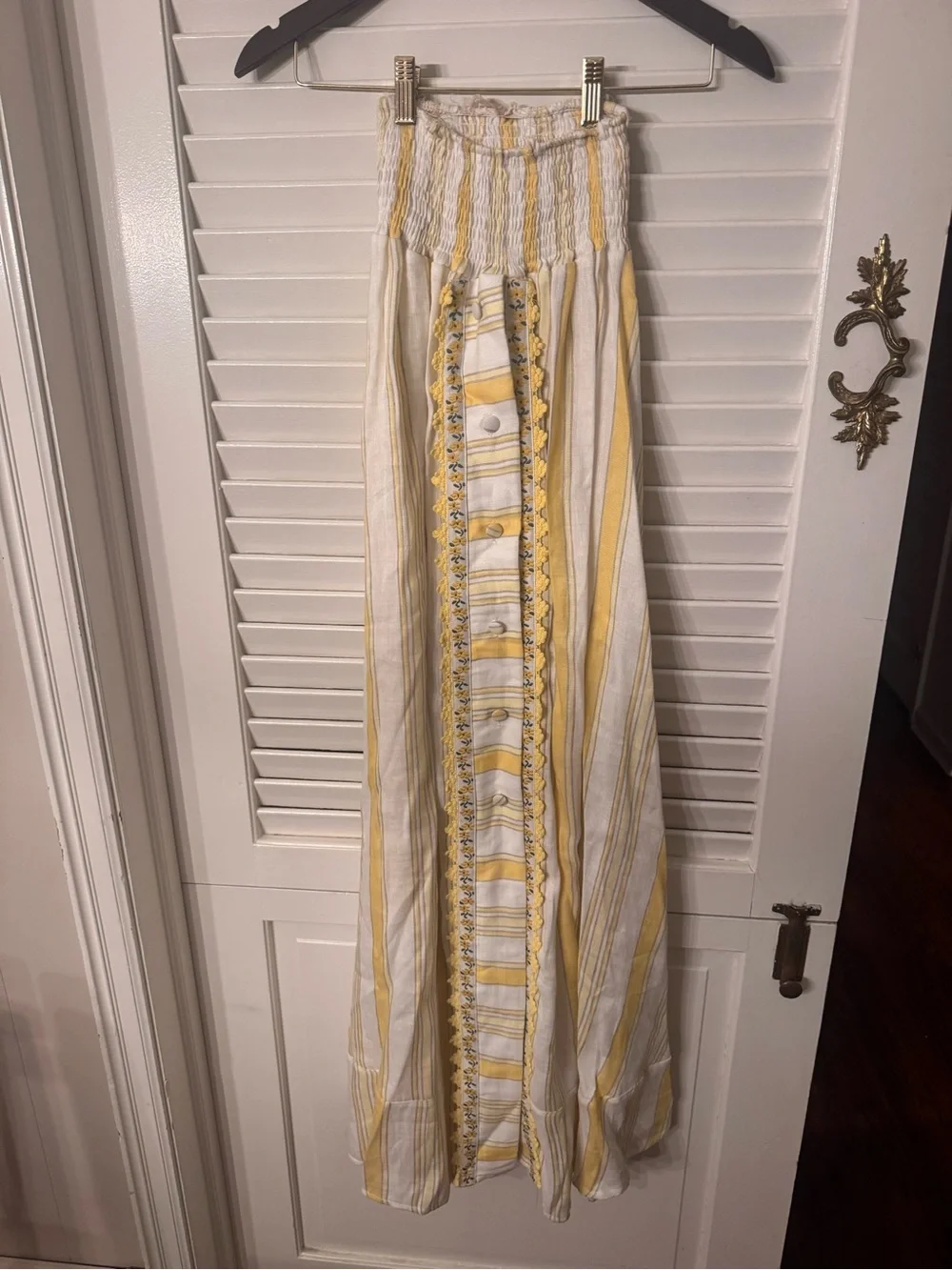 Pro Firenze Linen Women's Yellow & White Striped scalloped Maxi Skirt NWT